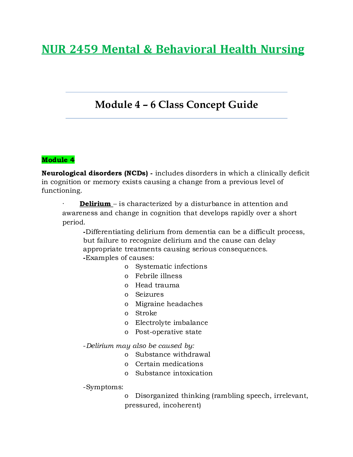 Preview image for NUR2459 / NUR 2459: Module 4 – 6 Class Concept Guide Updated Mental and Behavioral Health Nursing - Rasmussen